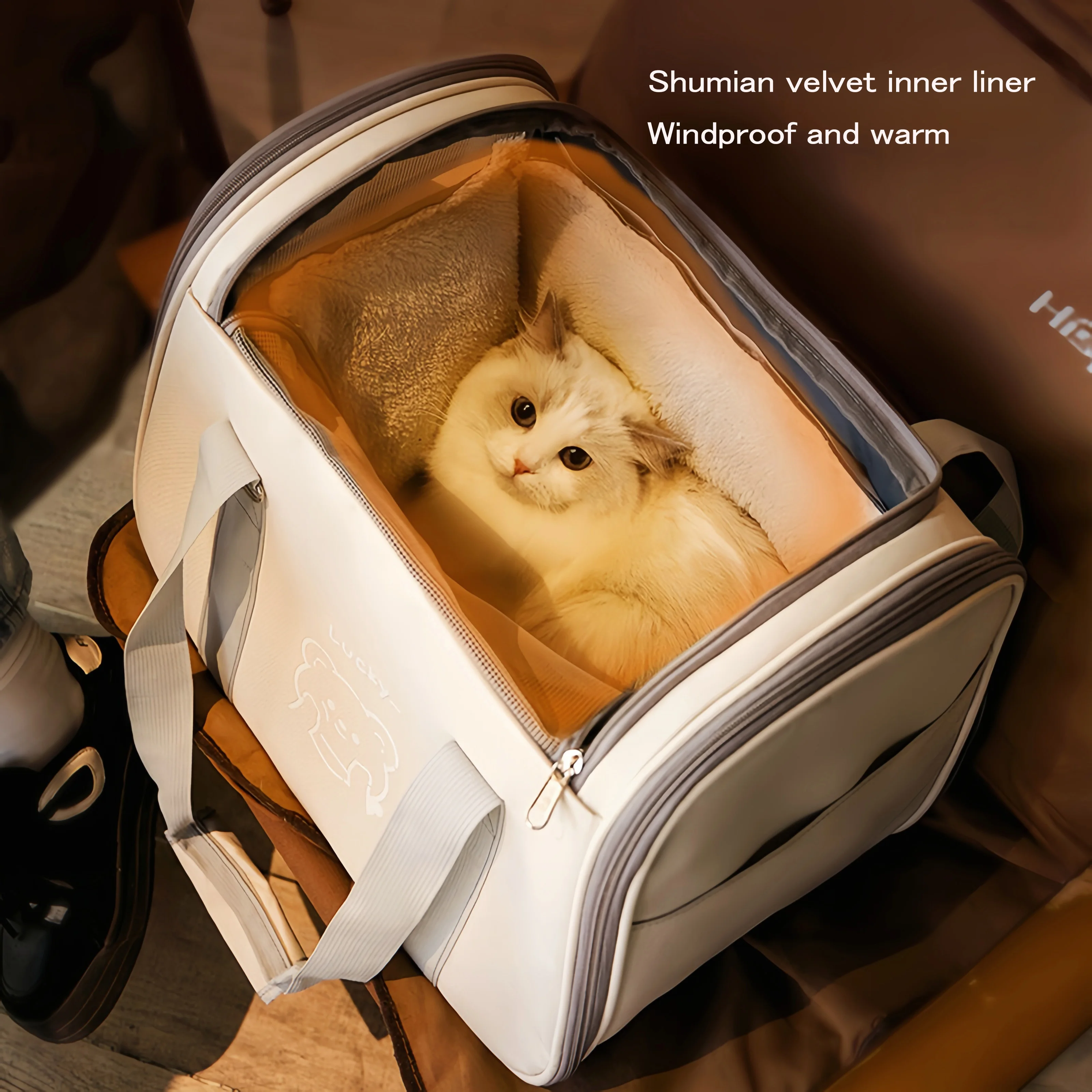 

Pet Carrier Bag 20lbs Capacity with Warm Cotton Velvet Liner Top Skylight Breathable Mesh Sides Thickened PE Board Base for Cats