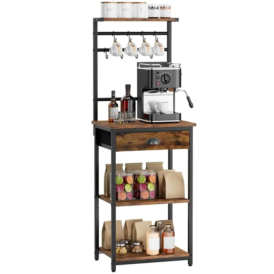 

5 Tier Coffee Bar Station, Coffee Stand with Fabric Drawers, 8 SShaped Hooks, Corner Bar Cabinet, Height Adjustable, Bakers Rac
