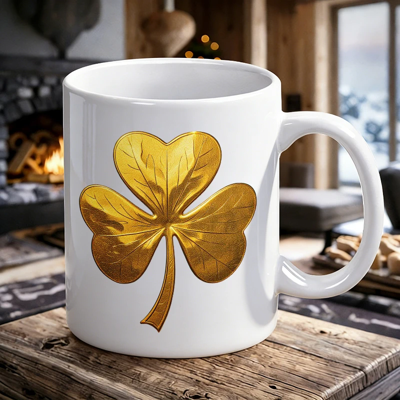 

3D Golden Clover Print Ceramic Mug, Coffee Cup, Milk Cup, Office Tea Cup, Drinking Cup, Does Not Fade, Gift for Friends