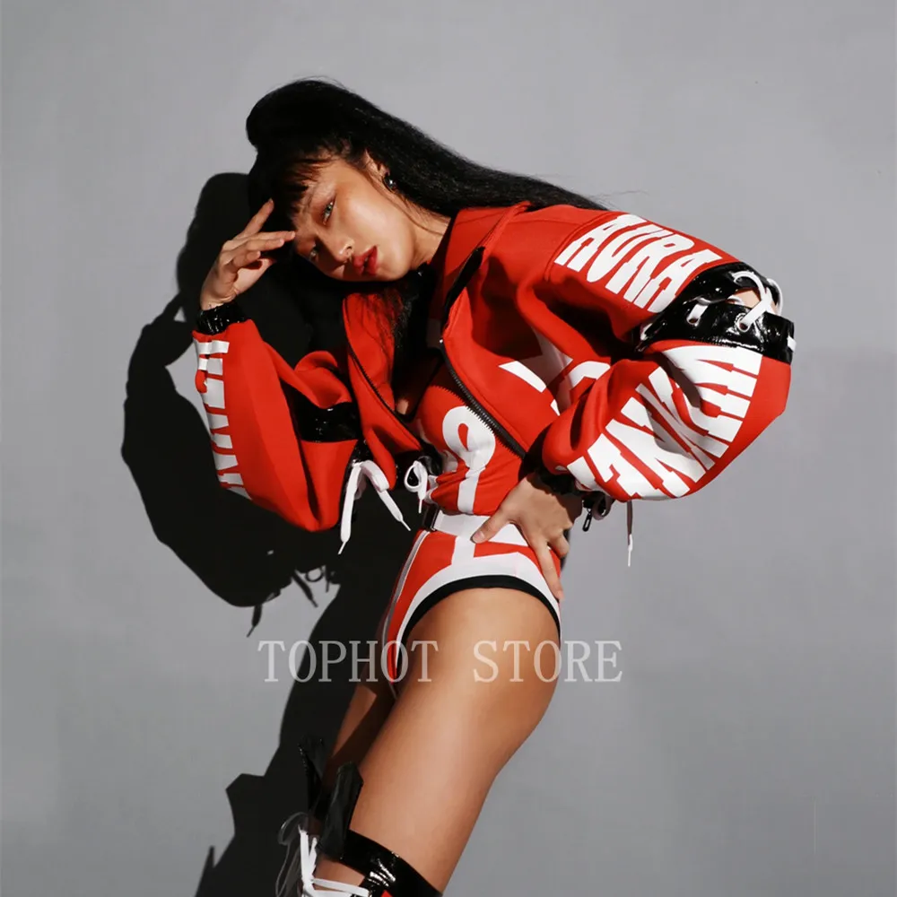 Red Baseball Jacket Bodysuit Drag Queen Costume Adult Jazz Dancing Clothes Party Rave Clothing Nightclub Bar Gogo Dancer Outfit
