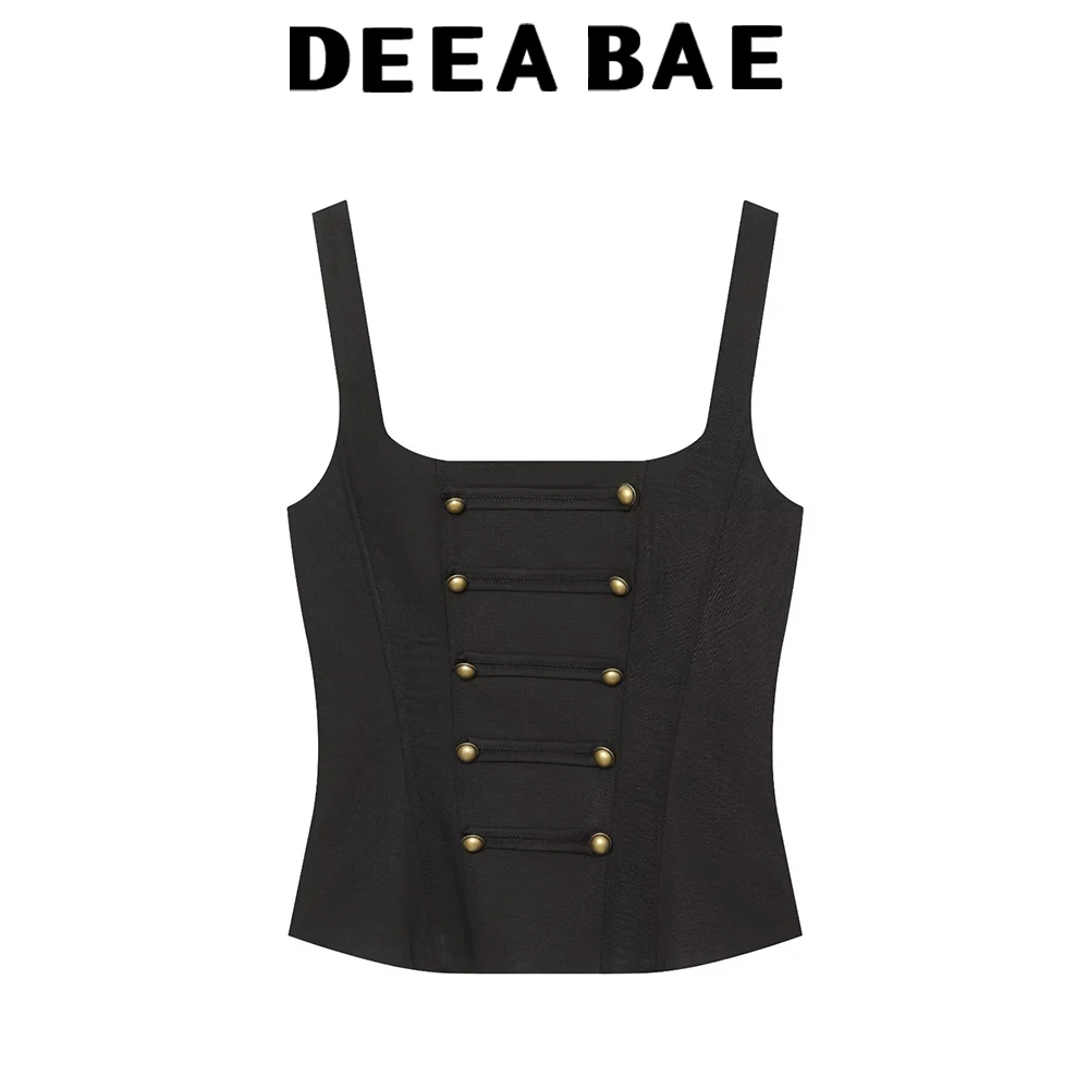 DEEABAE 2026 early autumn new women's square collar button decoration slim fit Napoleon suspender top