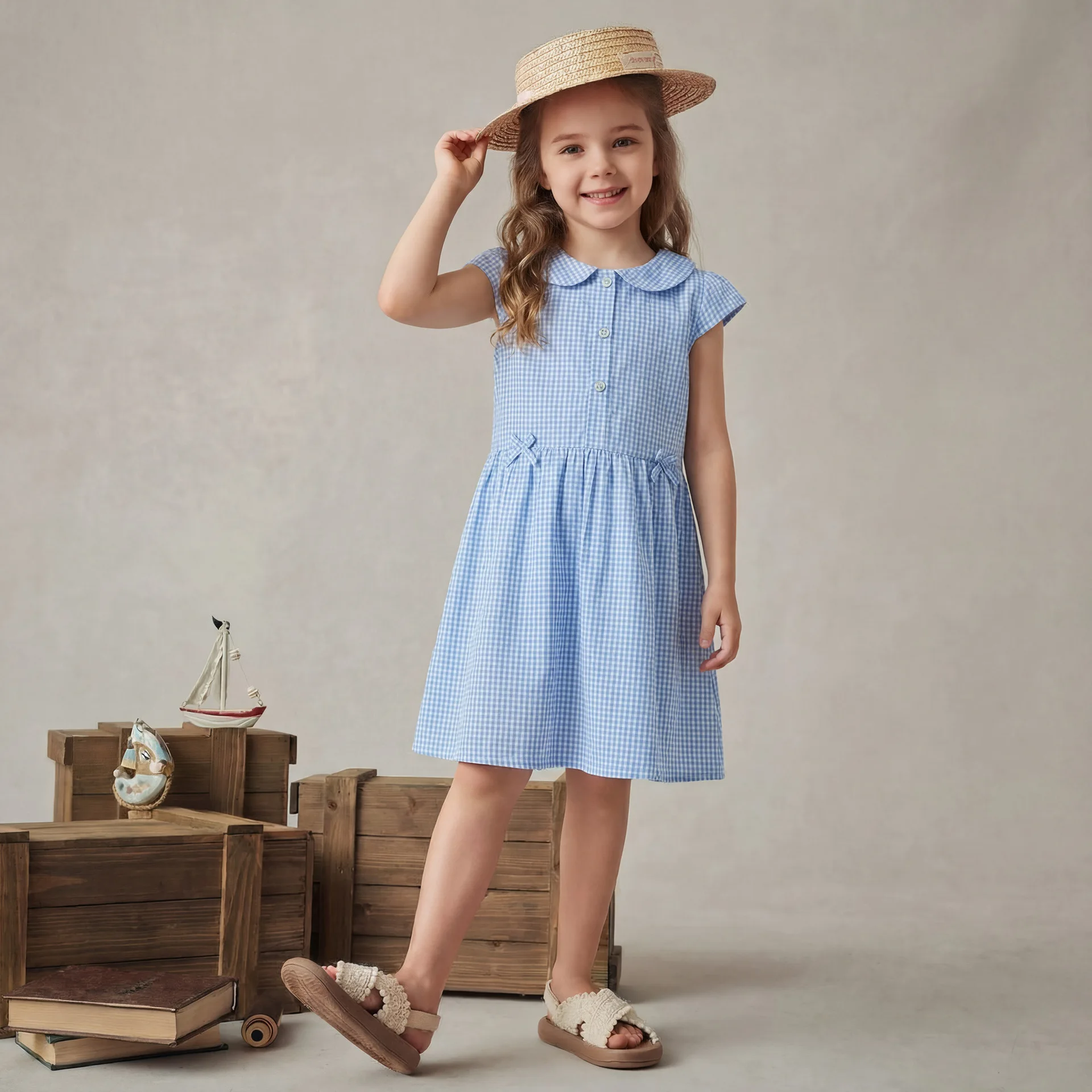 

School Children's College Style Lapel Lace Bow Short Sleeved Children's Skirt Dress for Girls Summer Wear