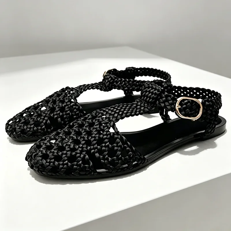 Złote, tkane sandały na płaski – Mesh Strap Metal recenzja i cena