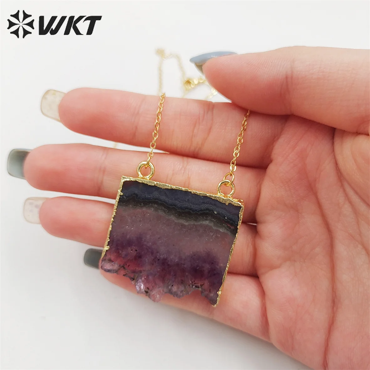 WT-N123 Hot sales natural gold dipped purple stone A methyst necklace for women gift, natural slice stone pendant necklace