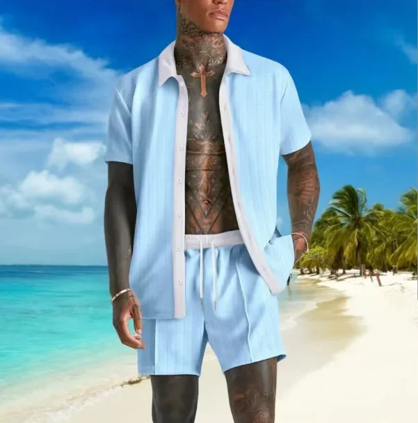 

Summer Men's casual suit 2026 New patchwork Jacquard lapel short-sleeved shirt & Shorts 2-piece Stylish comfortable Streetwear