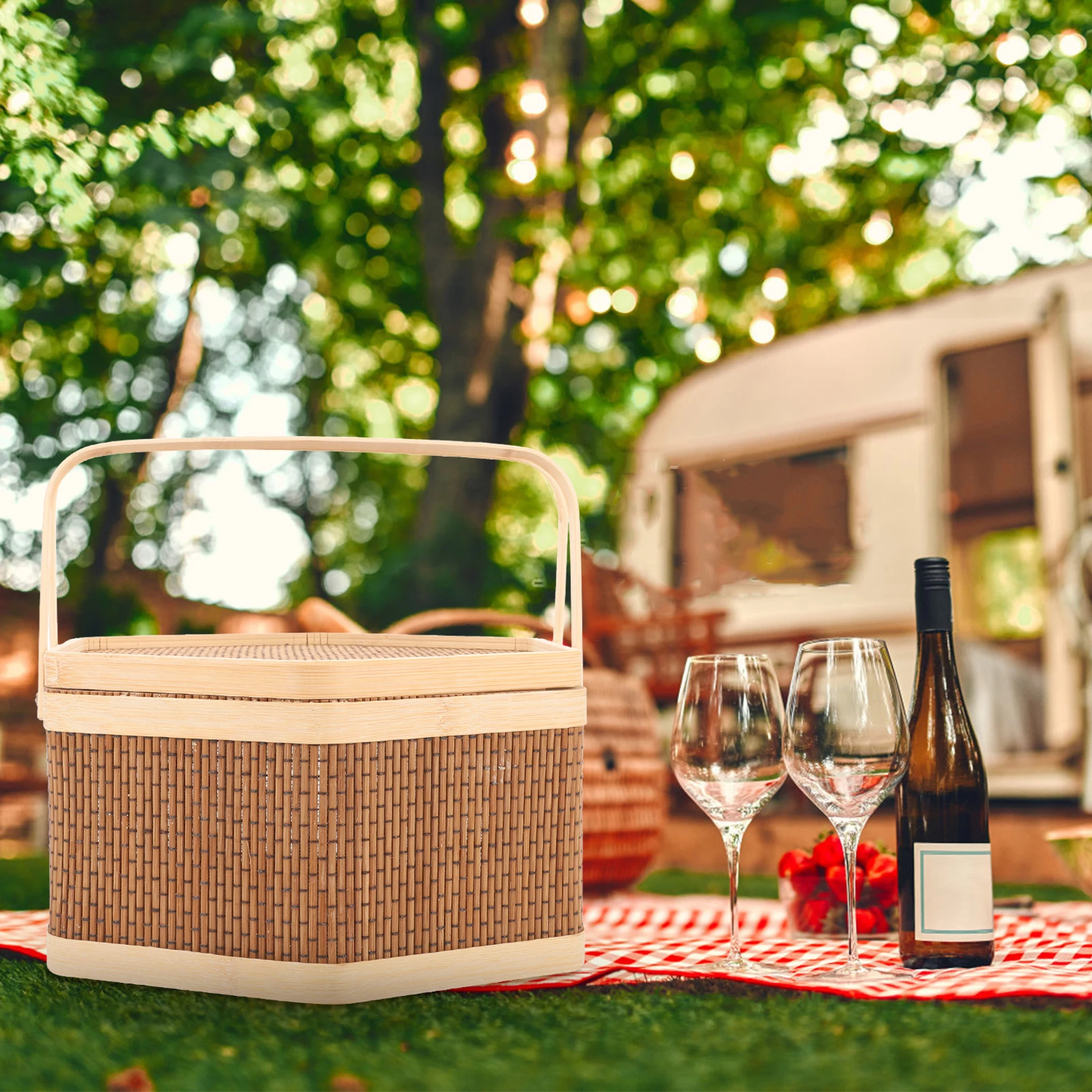 

Bamboo Picnic Lid H Design Egg Woven Bamboo Portable Food Fruit Storage Basket Gift Rattan Basket Fruit Storage