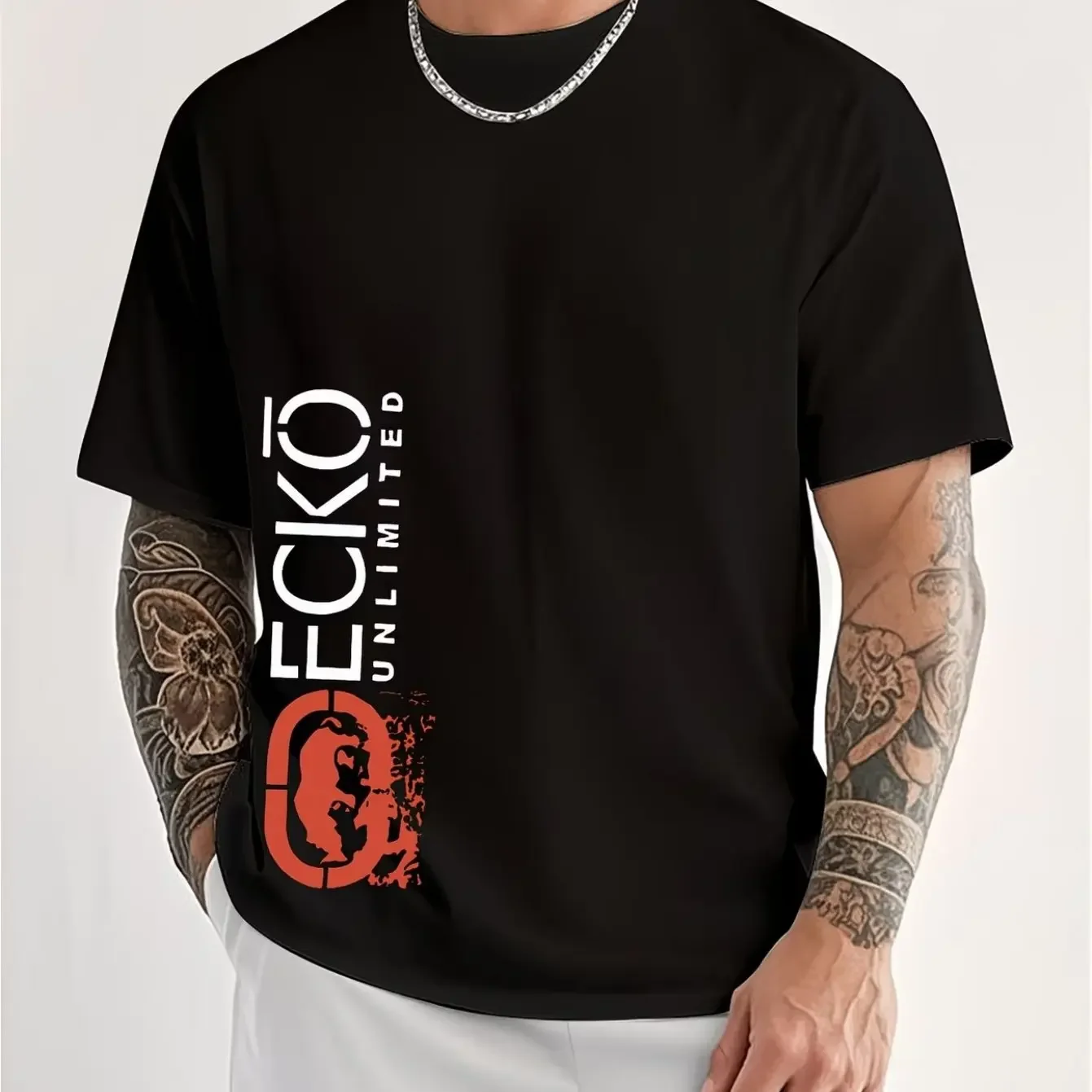Ecko Basic Left Vertical Strip Distressed Split Rhino Graphic Tee Ultra Soft Airy Fabric Multi-scene Walking Commute Outdoor