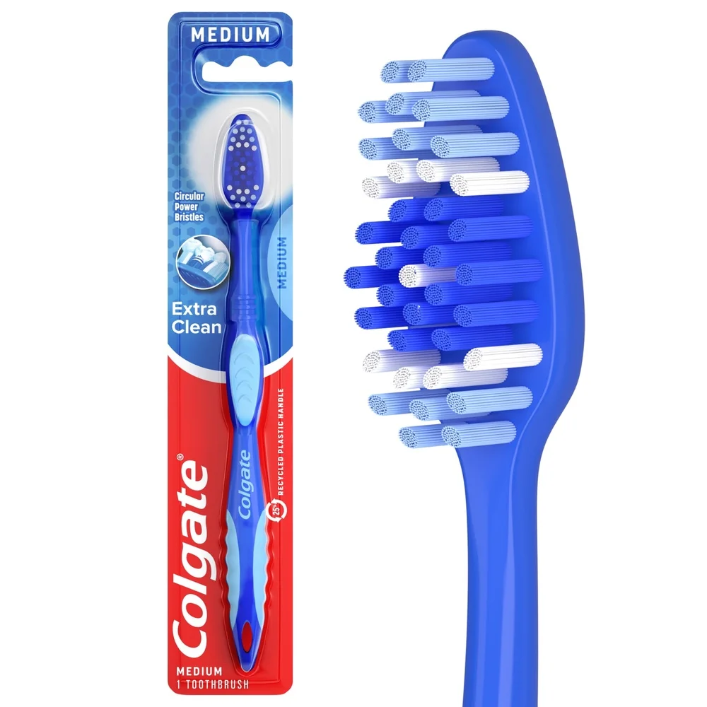 Extra Clean Full Head Adult Manual Toothbrush Medium Circular Power Bristles Easy Grip Handle Stain Removal Back Teeth Cleaning