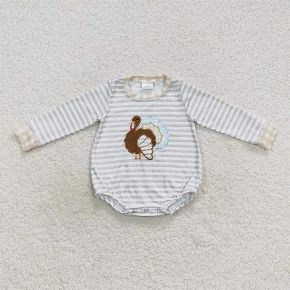 

Wholesale Baby Boy turkey Stripes Snap Button Newborn Children Romper Kids Toddler Thanksgiving Embroidery Long Sleeves Jumpsuit