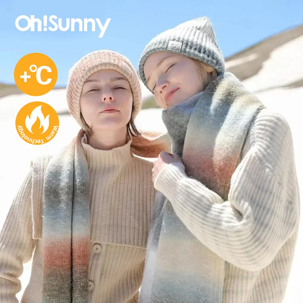 

Зимний теплый комплект OhSunny, шерстяные шапки, шапки, вязаный Радужный шарф для женщин, милый градиентный цвет, защита от холода, шапка, шейный платок