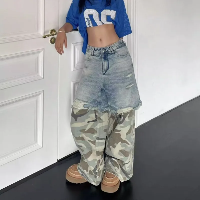 Jeans Men's and Women's Camouflage Patchwork Washed Hole Design Jeans 2025