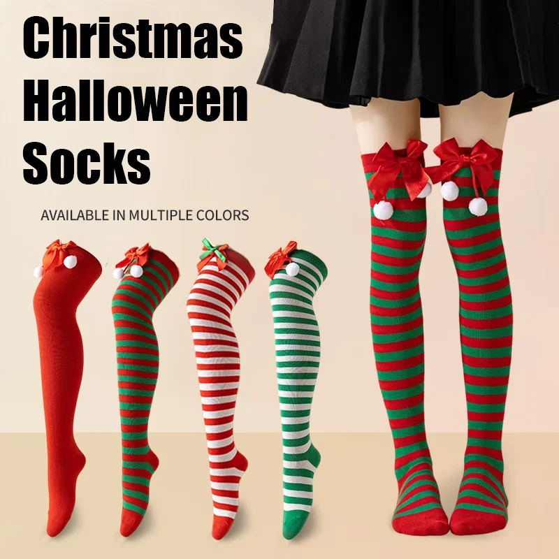 Świąteczne podkolanówki w paski czerwono-zielone, wysokie pończochy do uda, na festiwal, imprezę, cosplay, podkolanówki damskie i dziewczęce, dekoracja świąteczna.