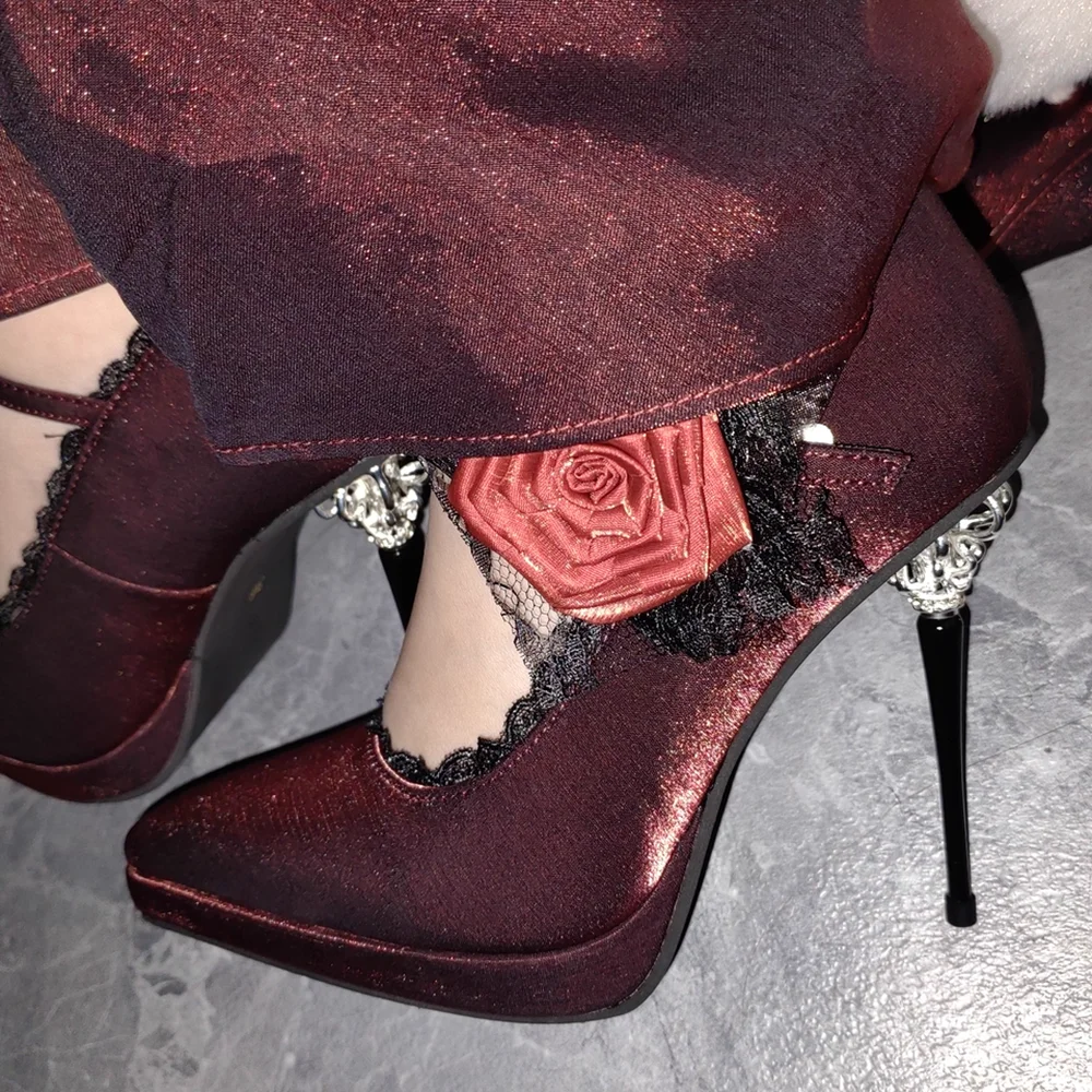 Romantic Gothic-Glam Style Burgundy Satin Platform Pumps 3D Red Rose Black Lace Detail Pointed Toe 11cm Stiletto Heel Pumps