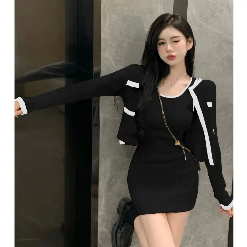 Mini Wrap Hip Spaghetti Strap Black Vest Dress Knitted Two Piece Sets White Cropped Cardigan Jacket Casual Spring New