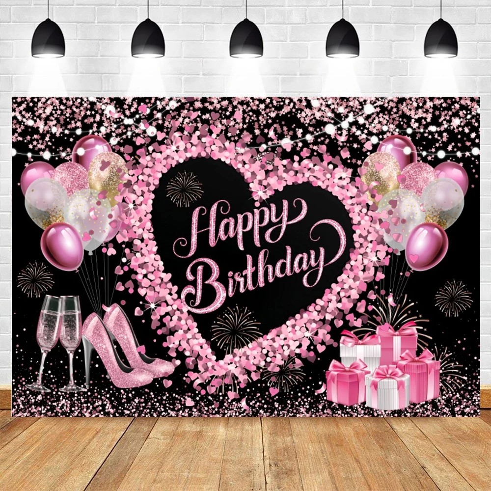 Fondo de feliz aniversario, globo dorado negro, flor, brillo, corazón de amor, cumpleaños, boda, despedida de soltera, fotografía
