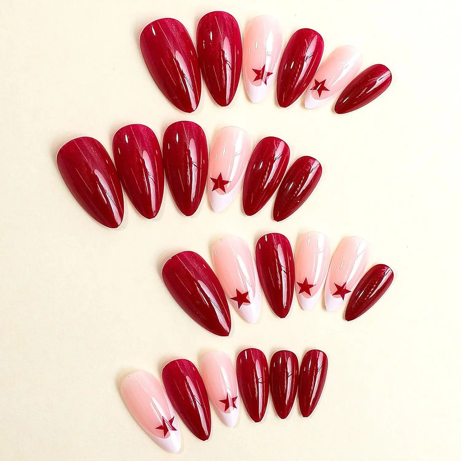 24pcs White French Pointed Medium Almond Shaped Fake Nails With Red Star Design, Fully Covered Fake Nails, Acrylic Fake Nails
