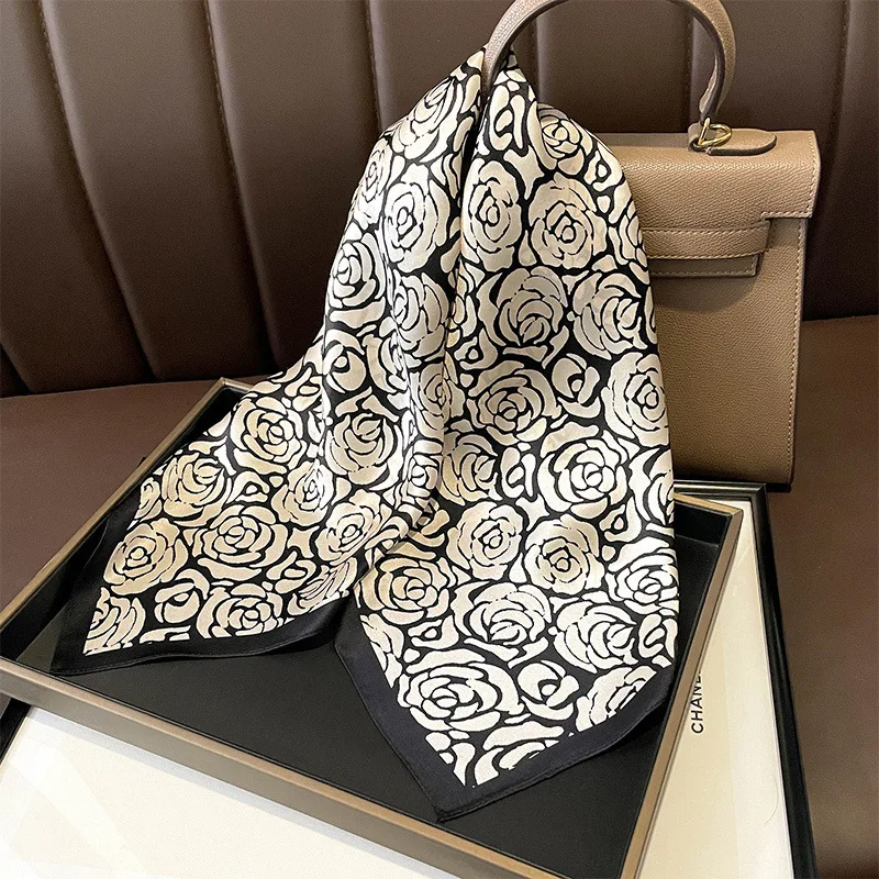 

Женский шарф с камелией, черный, белый цвет, 100% шелковый шарф тутового дерева, весенне-осенний декоративный одинаковый шаль, легкий модный аксессуар