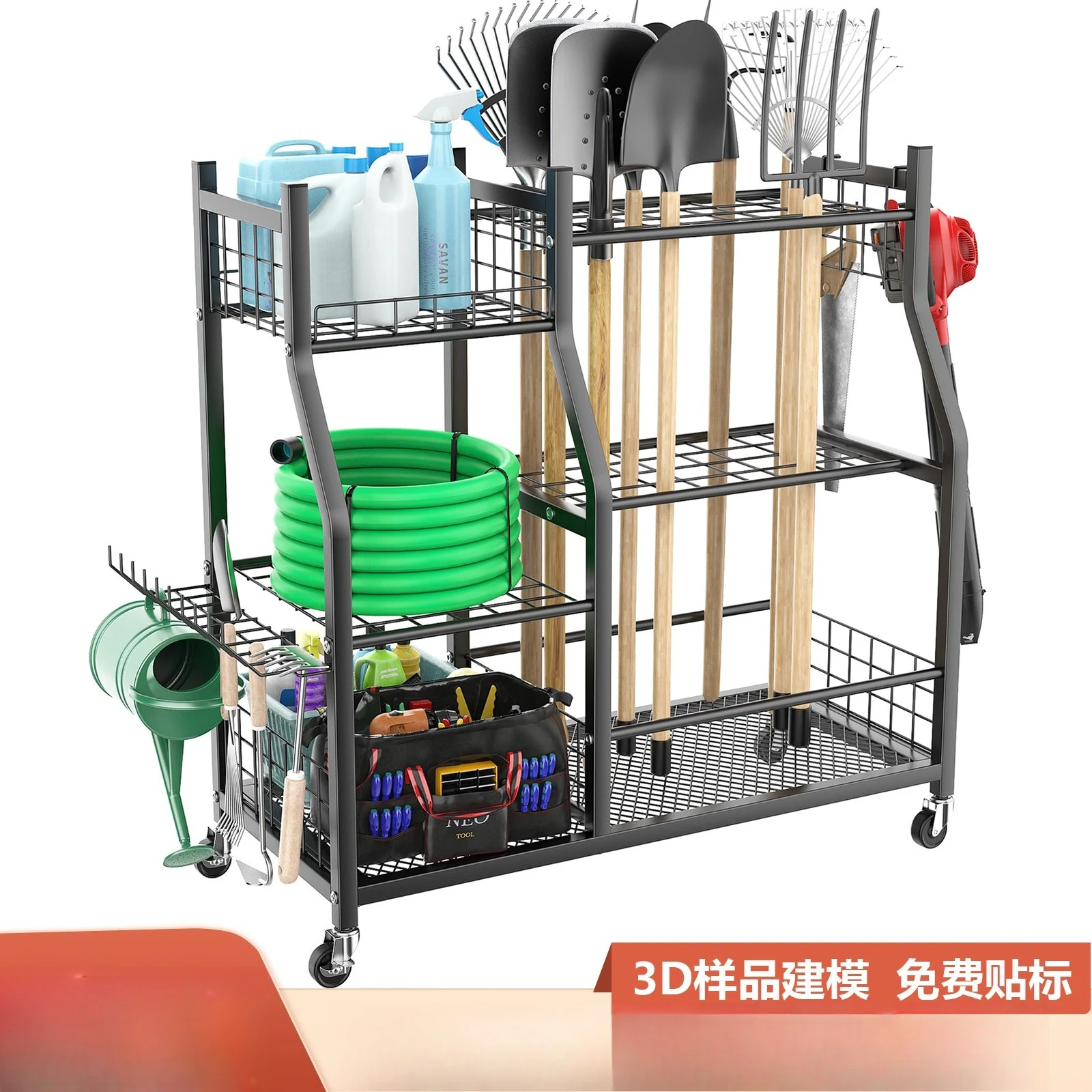 

Cross-border Garden Tool Rack Garden Instrument Storage Rack Wheel Shelf Garage Mobile Tool Cart