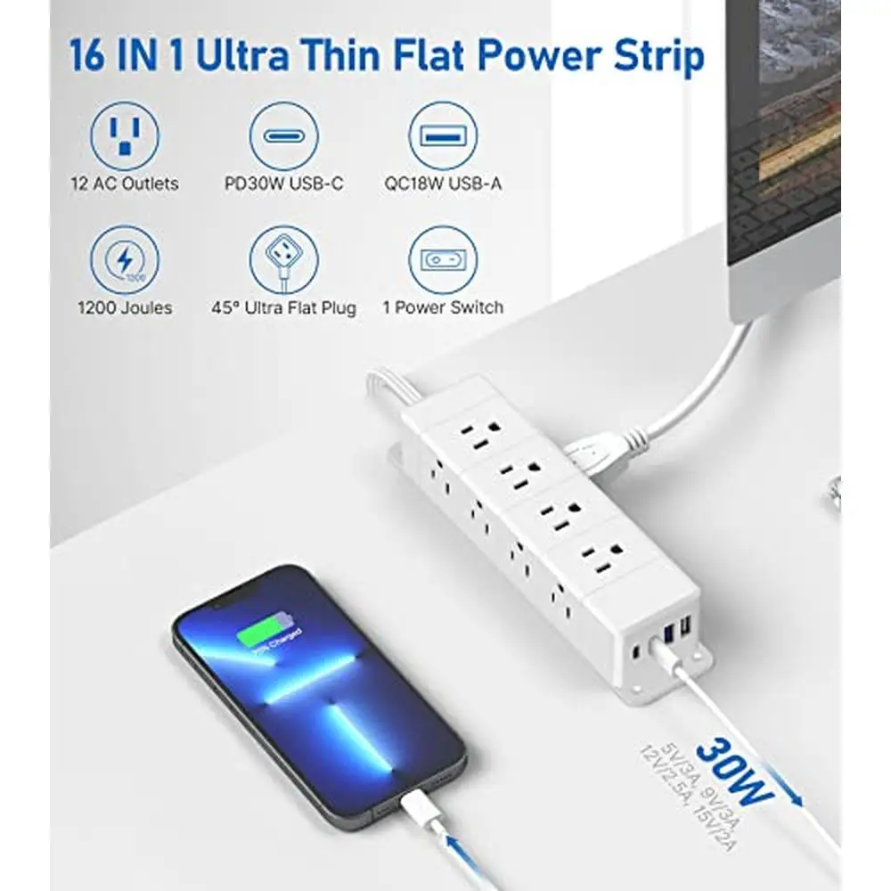 30W USB C Power Strip Surge Protector PD Fast Charing 12 Outlets Ultra Thin Flat Plug On/Off Switch 2 USB-C 2 USB-A 4x Faster