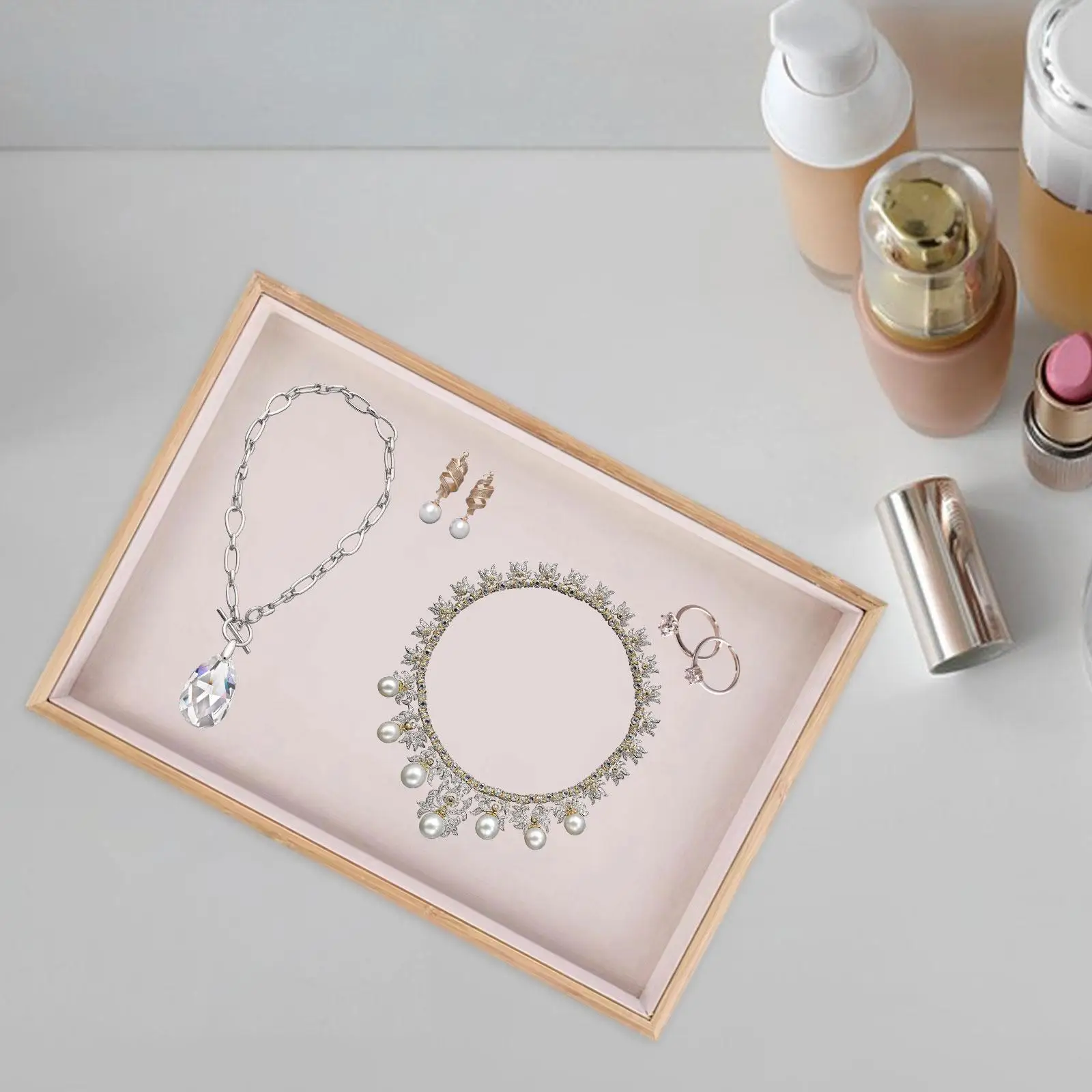 Durable Bamboo Jewelry Display Tray with Lined Insert for Necklace Earring Ring Bracelet Brooch Pin Storage Organizer for Home