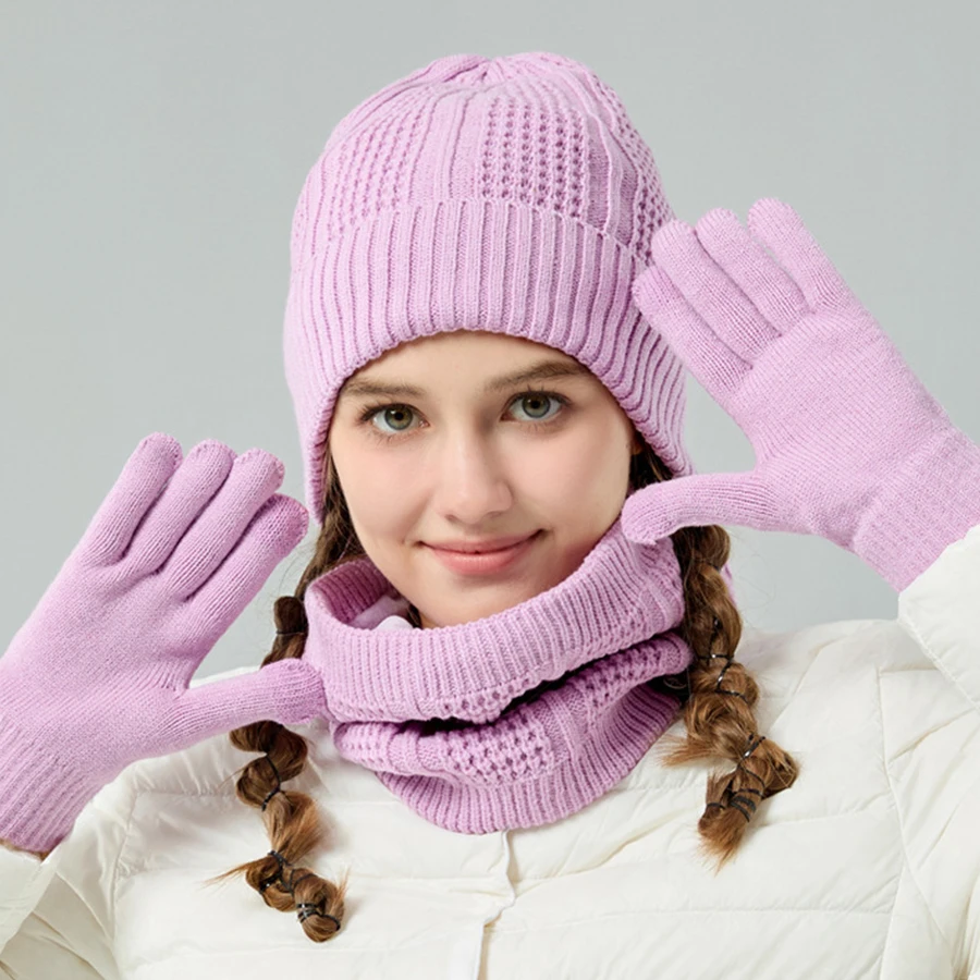 Set 3 Buah Topi Beanie Musim Dingin Wanita Sarung Tangan Snood Topi Musim Dingin Tebal Berlapis Bulu Rajut Warna Polos Hijau Ungu Oranye Biru