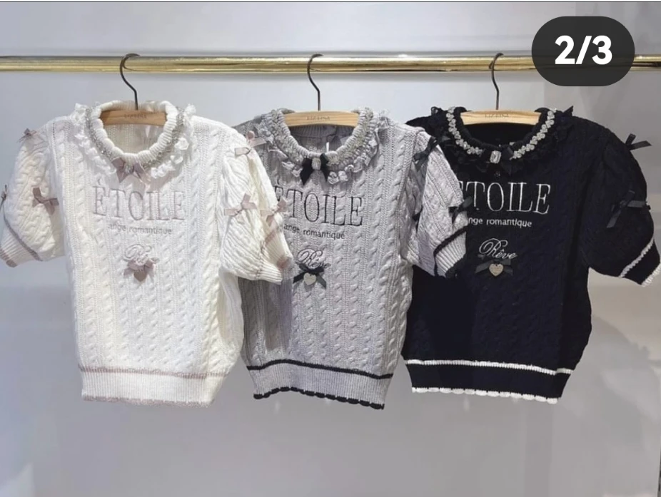 Japanese Sweet Girl Letter Embroidered Bow Short-sleeved Beaded Knitted Sweater Autumn New Round Neck Kawaii Pullover Tops