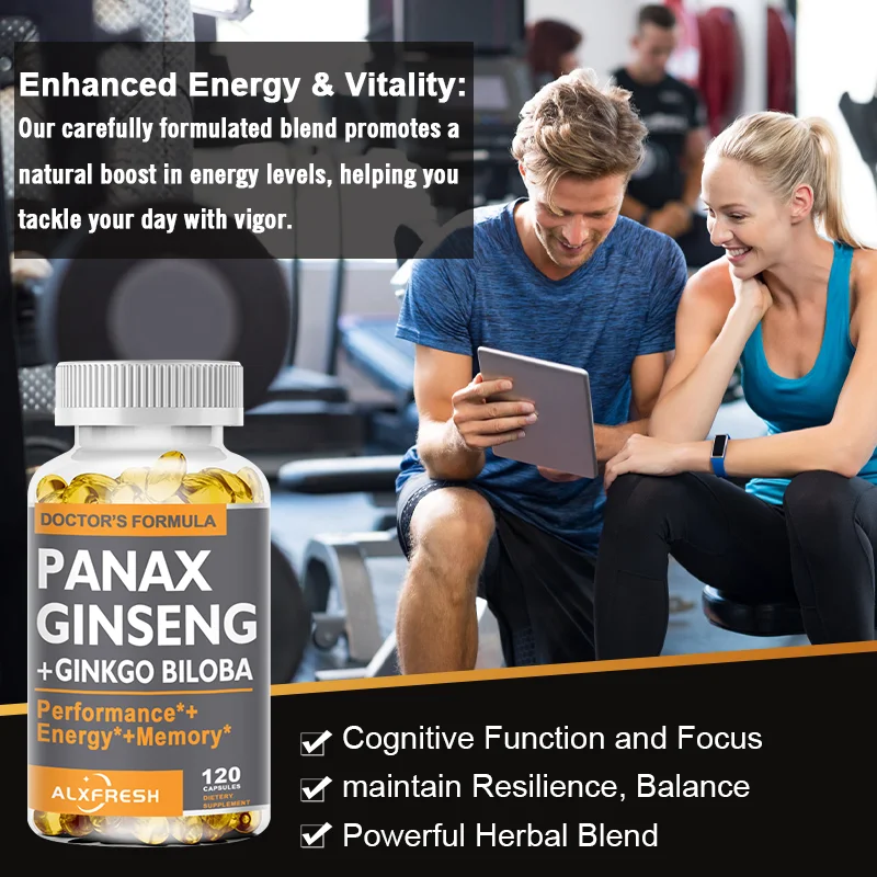 Alxfresh Red Panax Ginseng 500mg + Ginkgo Biloba 100mg + Ashwagandha for Energy, Strength Male-Health Nutrition Supplement