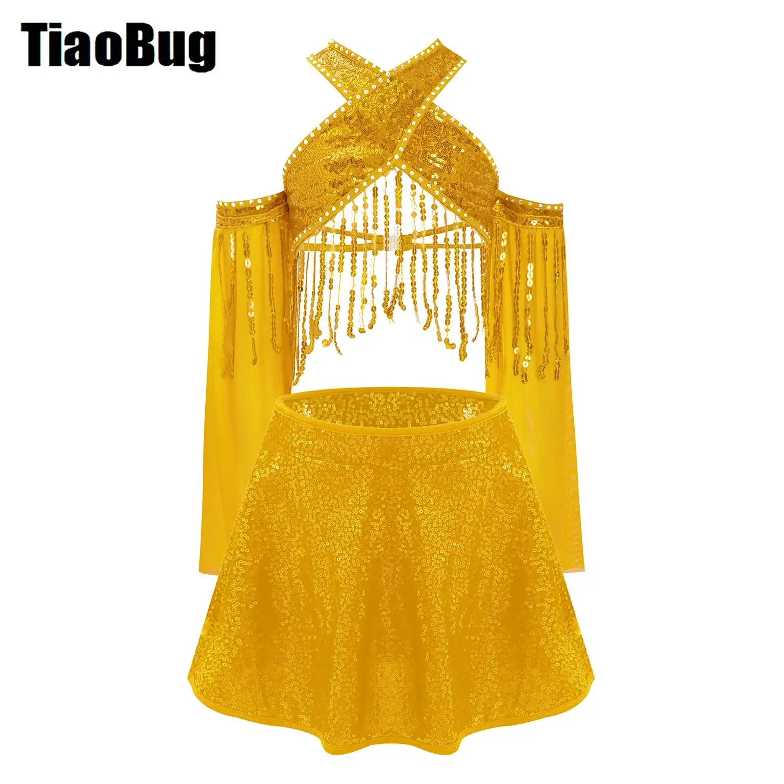 

Girls 2Pcs Jazz Dance Outfit Sheer Halter Flared Sleeves Sequin Tassels Crop Top with Sequin Skirt Set Cheerleading Performance