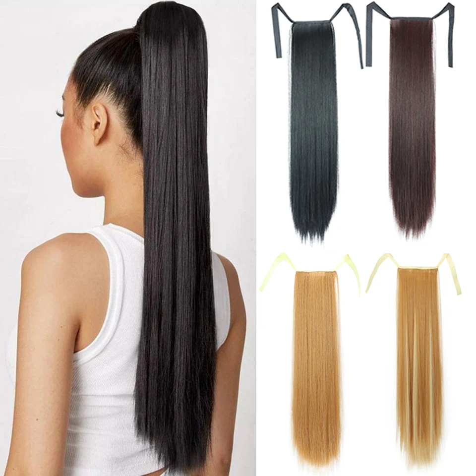 Cabelo sintético reto longo com rabo de cavalo, 22 \'\', 22\'\', resistente ao calor, peruca natural, cabelo falso, headwear