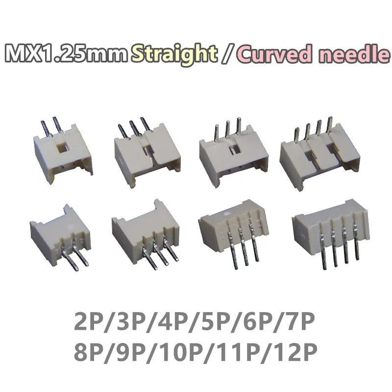 50pcs Micro JST MX1.25 Straight needle/curved needle Connector 2Pin~12Pin Male Pin Header Right Angle 90°/180° 1.25mm Pitch