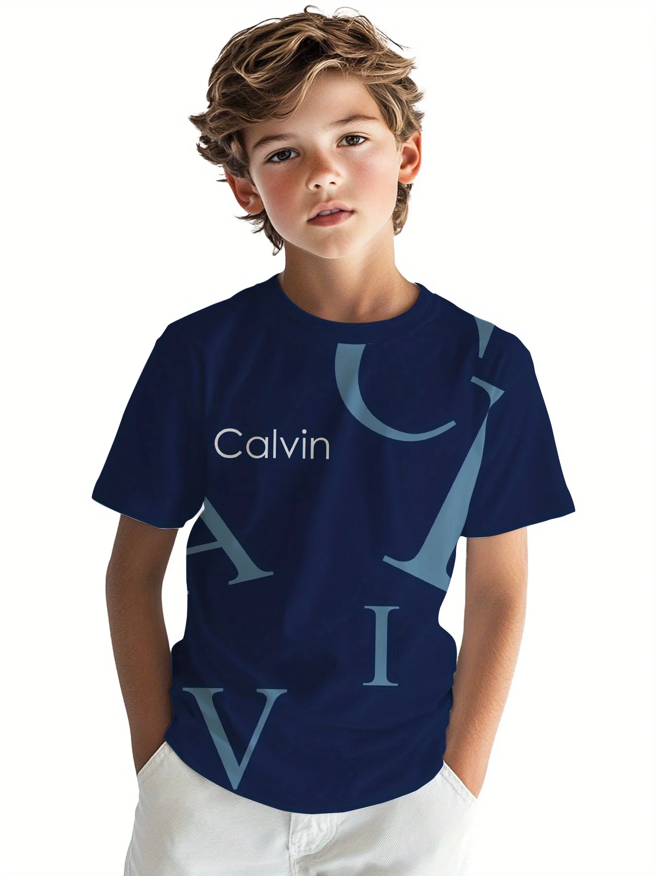 Fashion Letter Print Kids T‑Shirt, Boys Navy Blue Alphabet Graphic Short Sleeve Crew Neck Casual Summer Top
