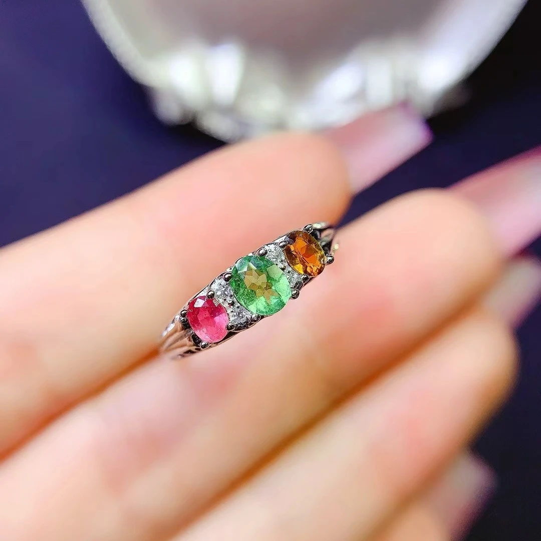 KJJEAXCMY Natural Colorful Tourmaline Women's Ring S925 Silver Electroplating Process Inlaid High Clarity Support Testing