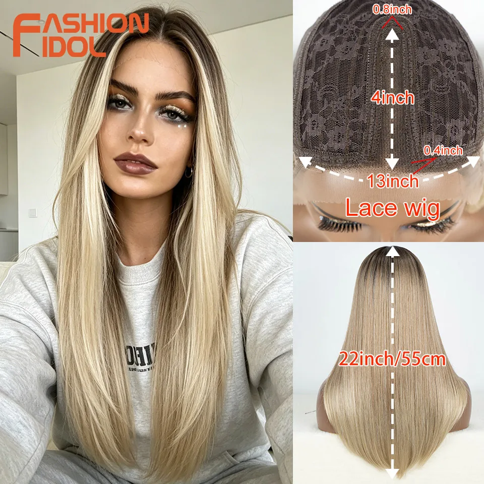 FASHION IDOL 22 Inch Straight Baby Hair Wigs Synthetic Bob Dark Root Platinum Lace Front Wigs Ombre Blonde Lace Wigs for Women