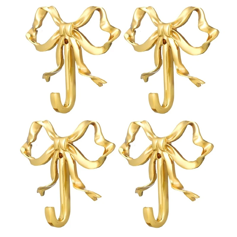 

4 Pack Gold Bow-Knot Hooks Brass Bow Wall Hooks Door Hanger Towel Hooks For Home Bathroom Living Room Kitchen Decor