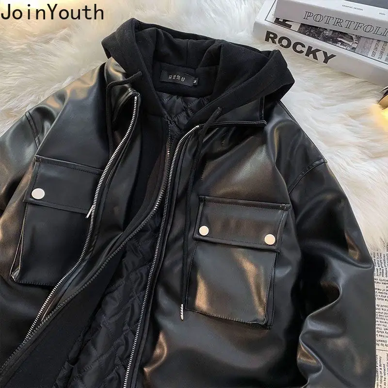 Hooded Fake Two Jackets Winter Clothes Women Streetwear BF Fashion Leather Coats Y2k Tops Zipper Casual Harajuku Korean Outwear