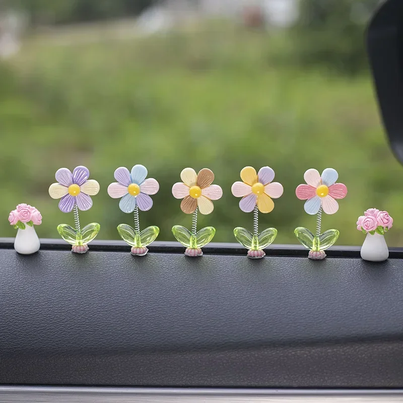 Swinging Flower Car Dashboard Center Console, Cartoon Chrysanthemum Pendant, Car Interior DIY Decoration, Dashboard Accessories