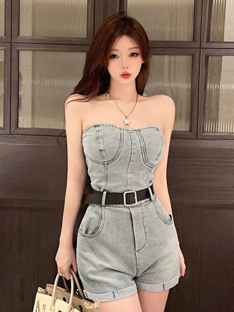 Summer High Waist Spicy Girl Denim Jumpsuit Women New High Quality Fashion Hot Diamond Slim Fit With Belt Tube Top  A-Line Jeans