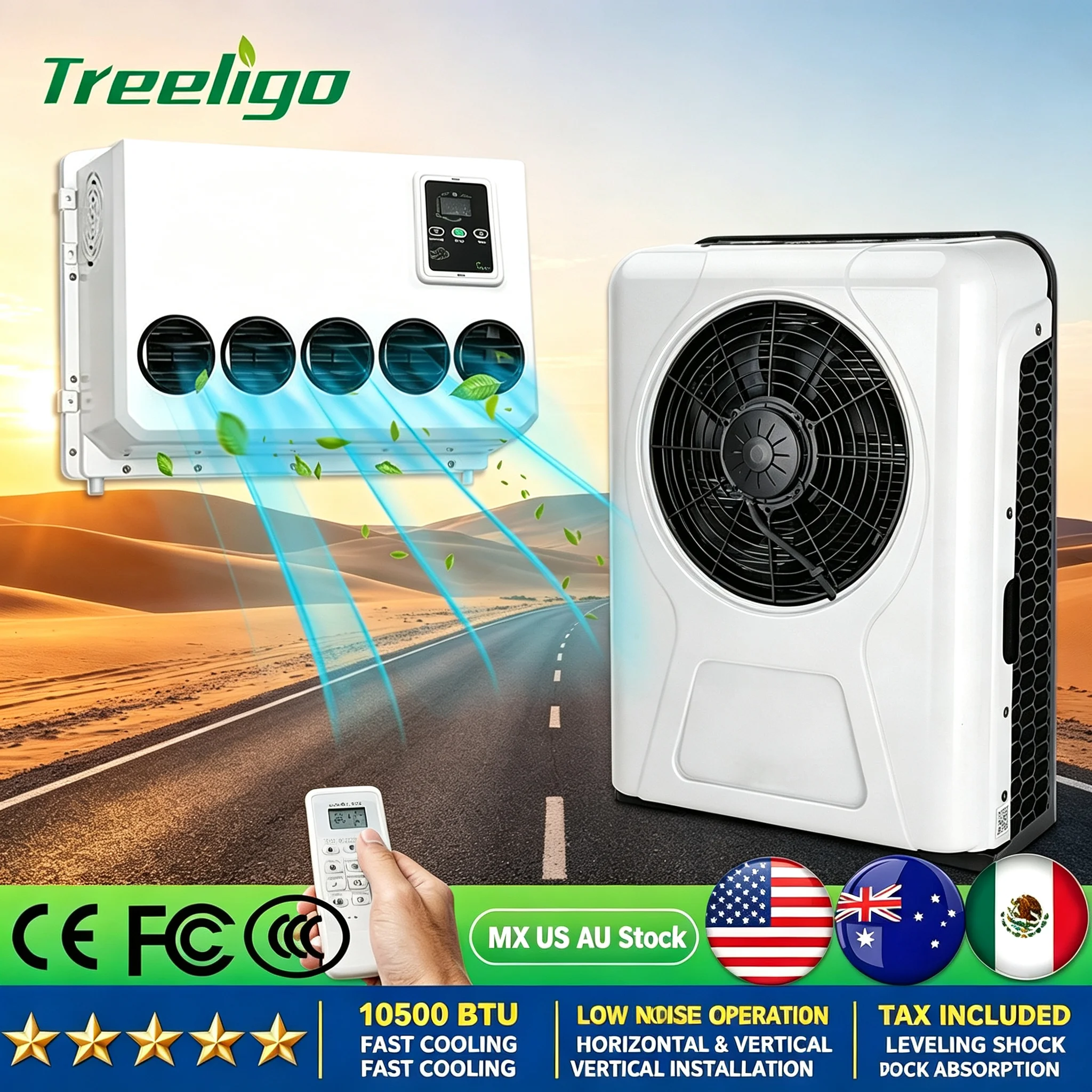Treeligo 10500BTU Split Electric Parking Air Conditioner Automotive Air Conditioning System 24V for Bus Camp Van Tractor Truck