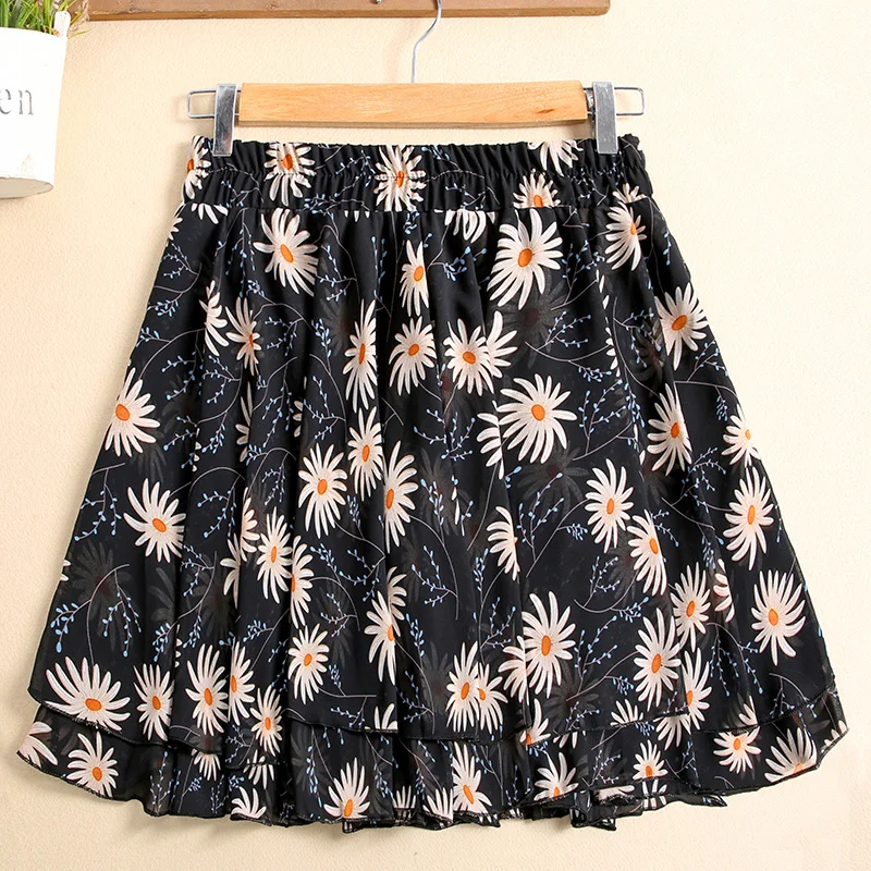 

Summer Floral A-line Short Chiffon Large Elastic High Waist Faldas Fashion Clothes for Women Skirts