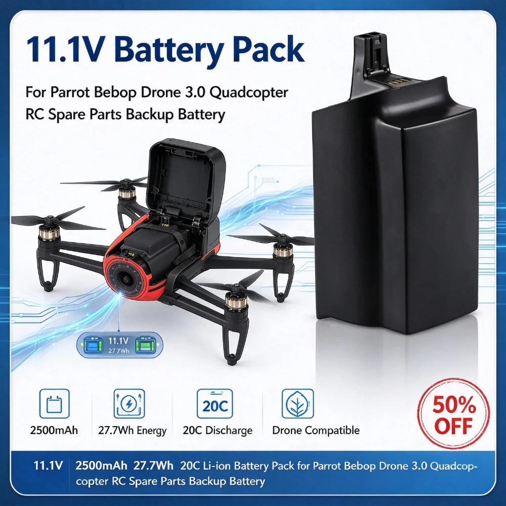 11.1V 2500mAh 27.7Wh 20C Replacement Li-ion Battery Pack for Parrot Bebop Drone 3.0 Quadcopter RC Spare Parts Backup Battery