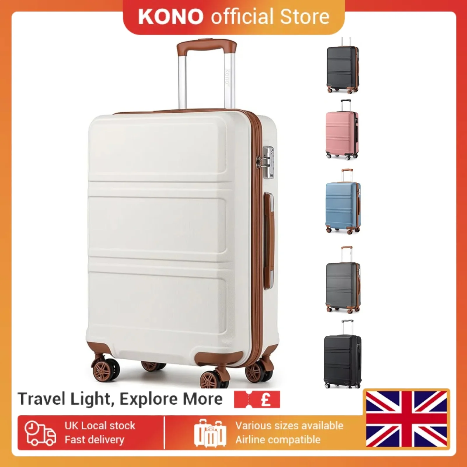 Kono Valise d'habitacle légère – Coque rigide ABS 20/24/28 pouces, convient à EasyJet sous le siège, valise de chariot à main grande capacité et compacte
