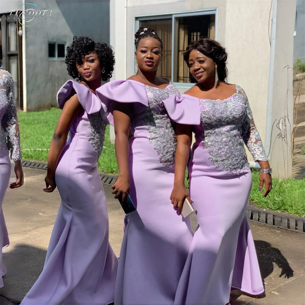 Lilac Mermaid Bridesmaid Dresses Grey Lace Appliques Satin Long Sleeve Black Women Wedding Guest Gowns Plus Size Robe De Soiree