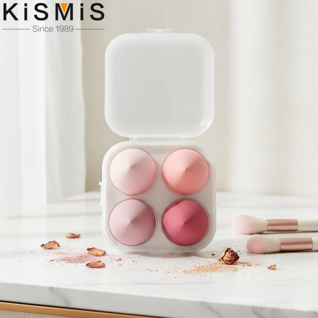 Conjunto de 4 Esponjas de Maquiagem, Puff Cosmético para Uso Seco e Úmido, Ferramenta de Mistura de Maquiagem com Corte Bevel