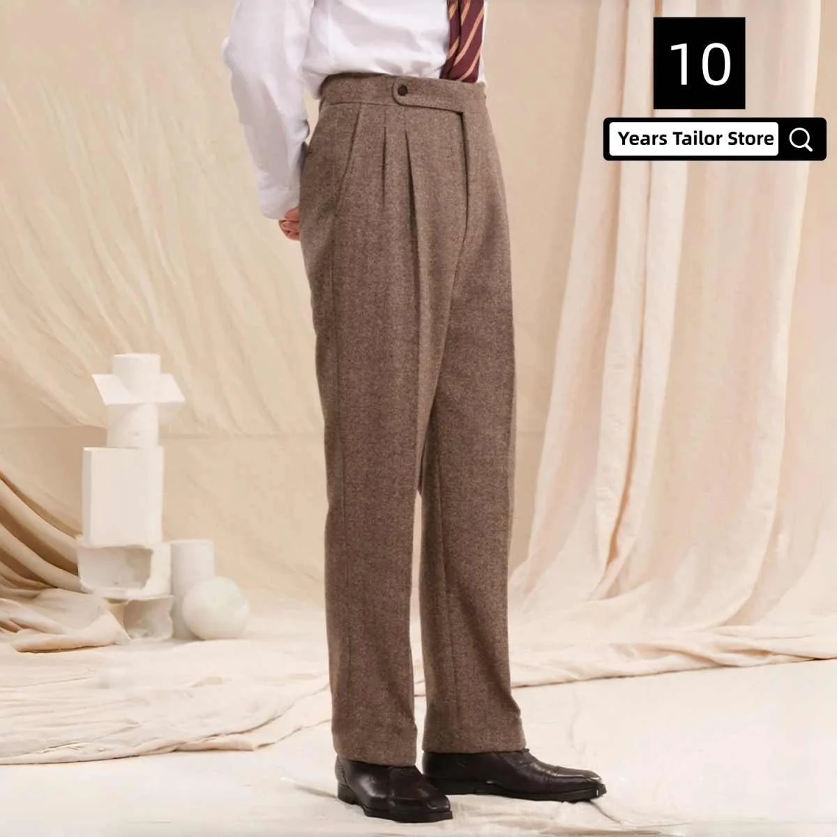 

Tweed Vintage Men's Dress Trousers Double Pleats Waist Straight leg Trousers Thick Style Autumn Winter Wedd Trousers for men