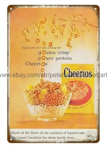 funky home decor1958 Cherrios gollden crisp power protein cereal metal tin sign