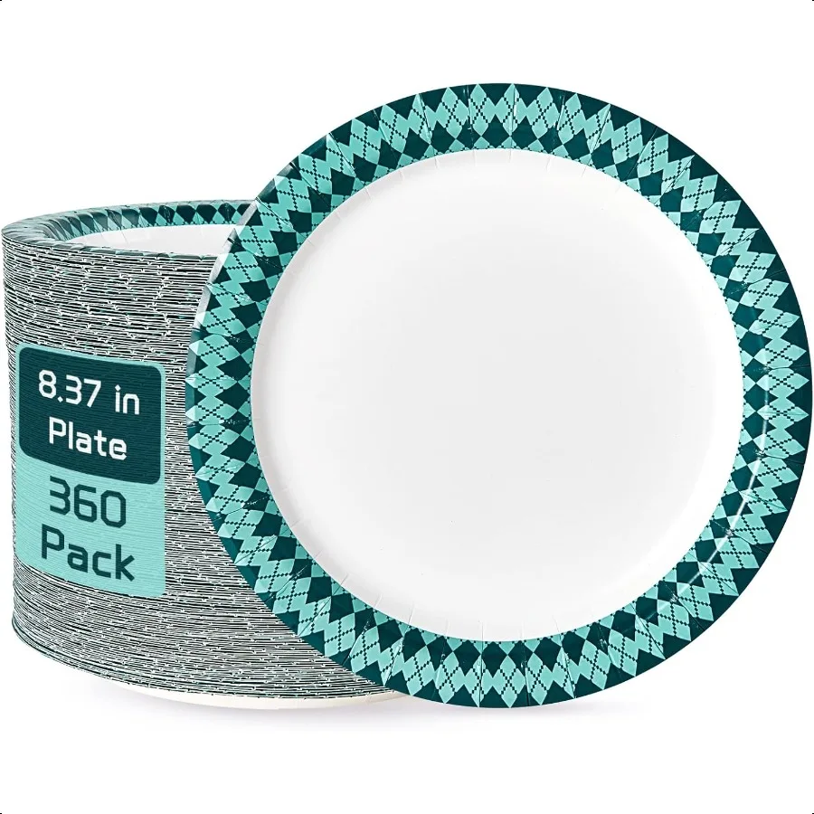 

Paper Plates 360 Count 8.37 inch Dinner Plates Soak Proof Cut Proof for Everyday Use Diamond Pattern Rim Design