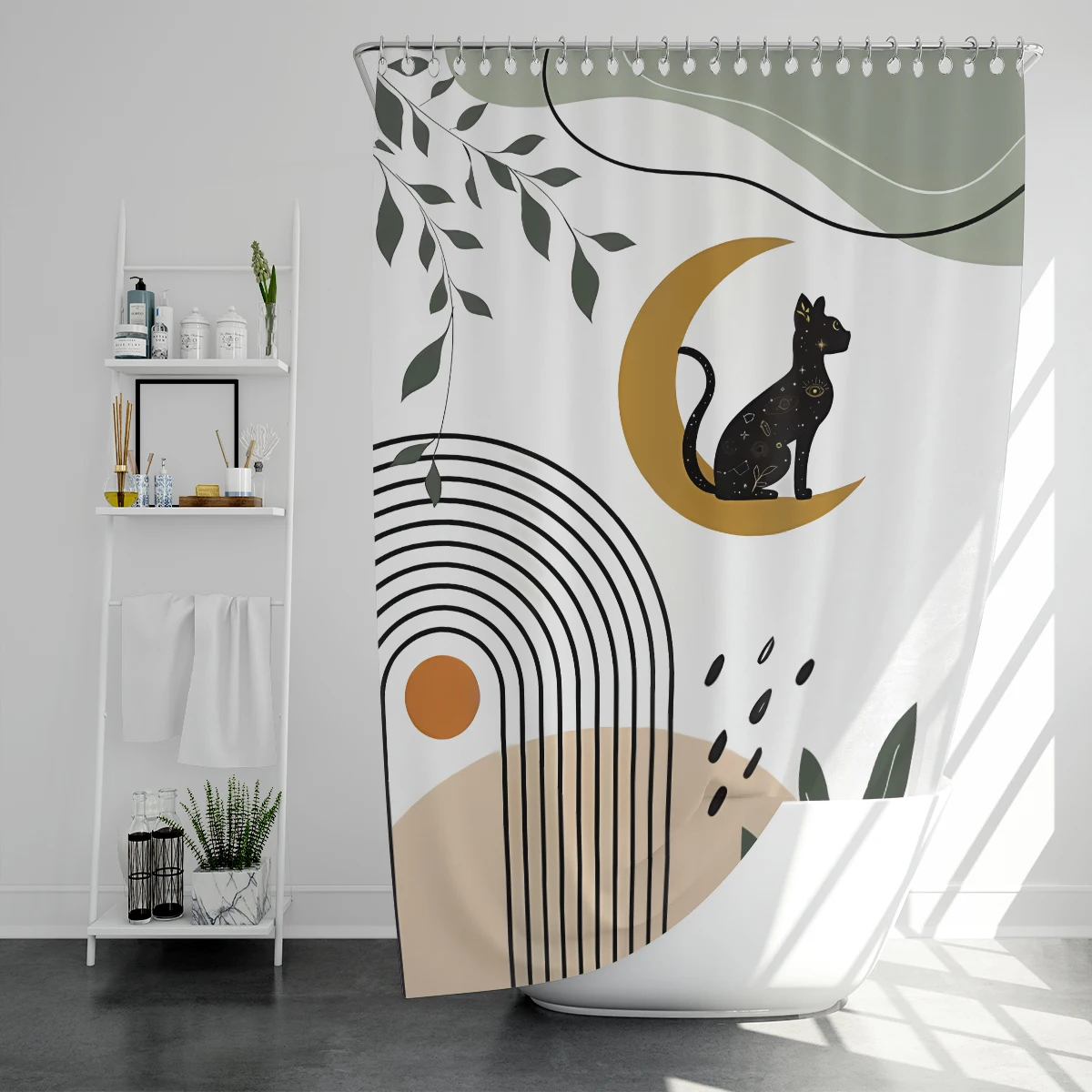 1 pc Bohemian cat pattern polyester material shower curtain waterproof fabric, thickened anti mold partition curtain, bathro