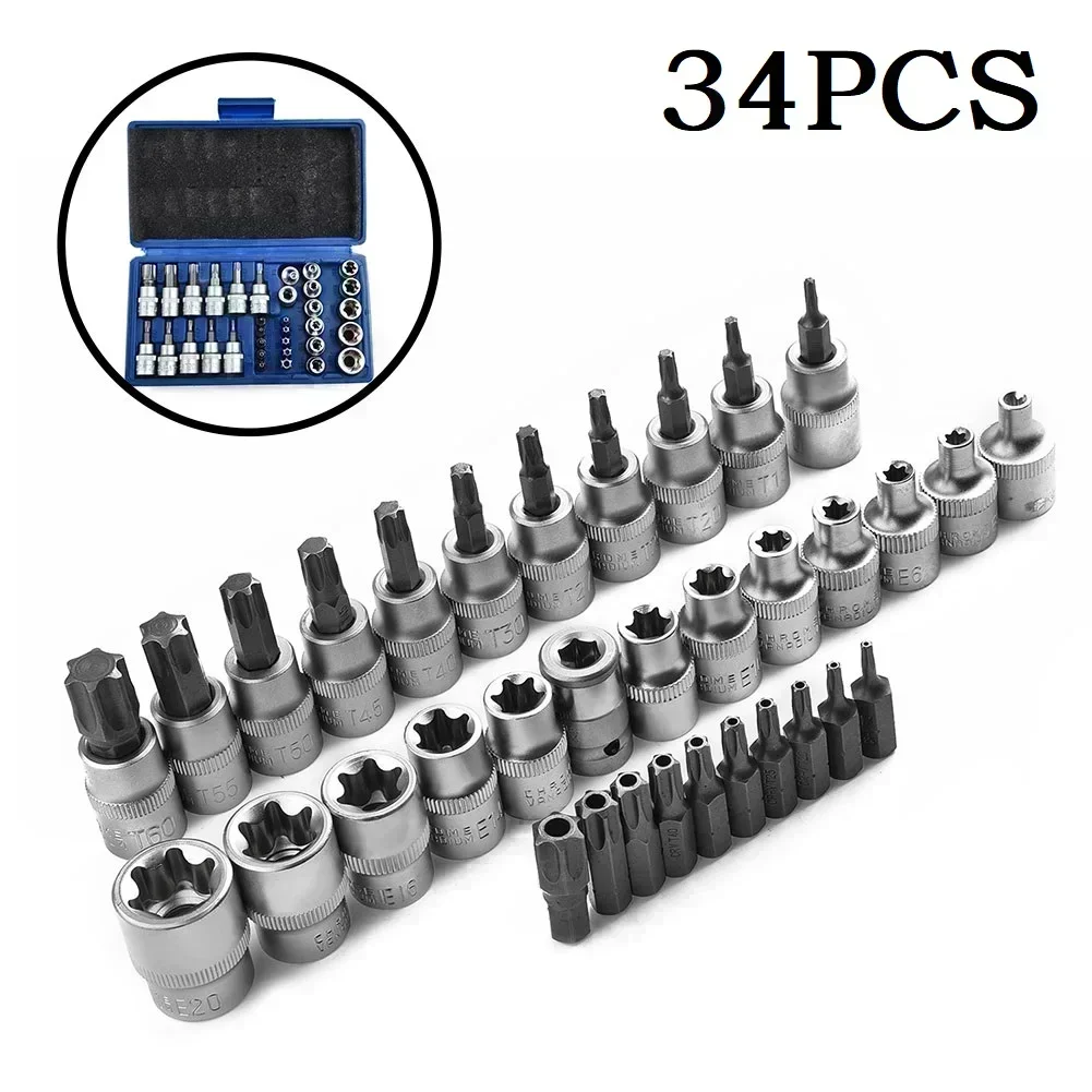 34Pcs Torx Star Sockets & Bit Set Male/ Female E-Security Bits Drive Tool Torque Multifunction Household Repair Tools Kit