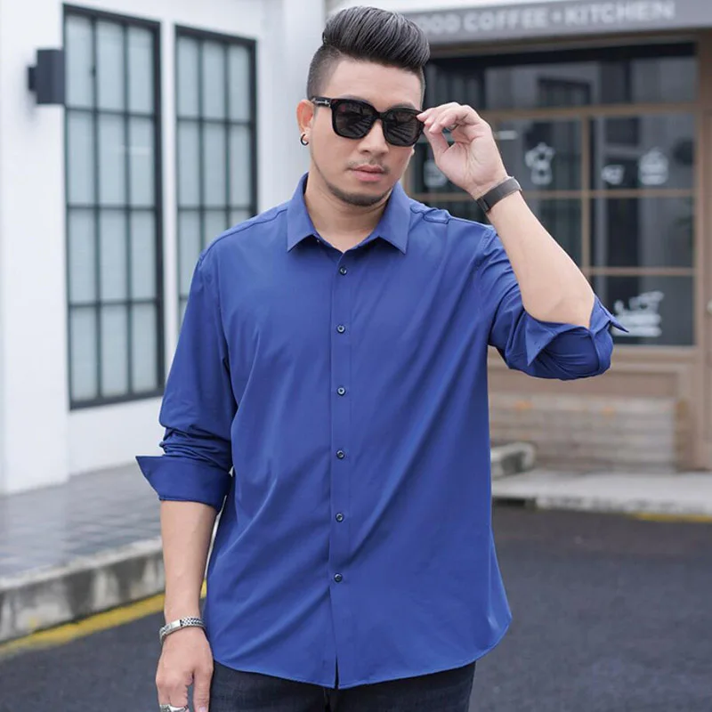 

Solid Stretch Shirts for Men Nylon Spandex Long Sleeve Dress Shirt Men Regular Fit 9xl 10xl withSoft Easycare Formal Top