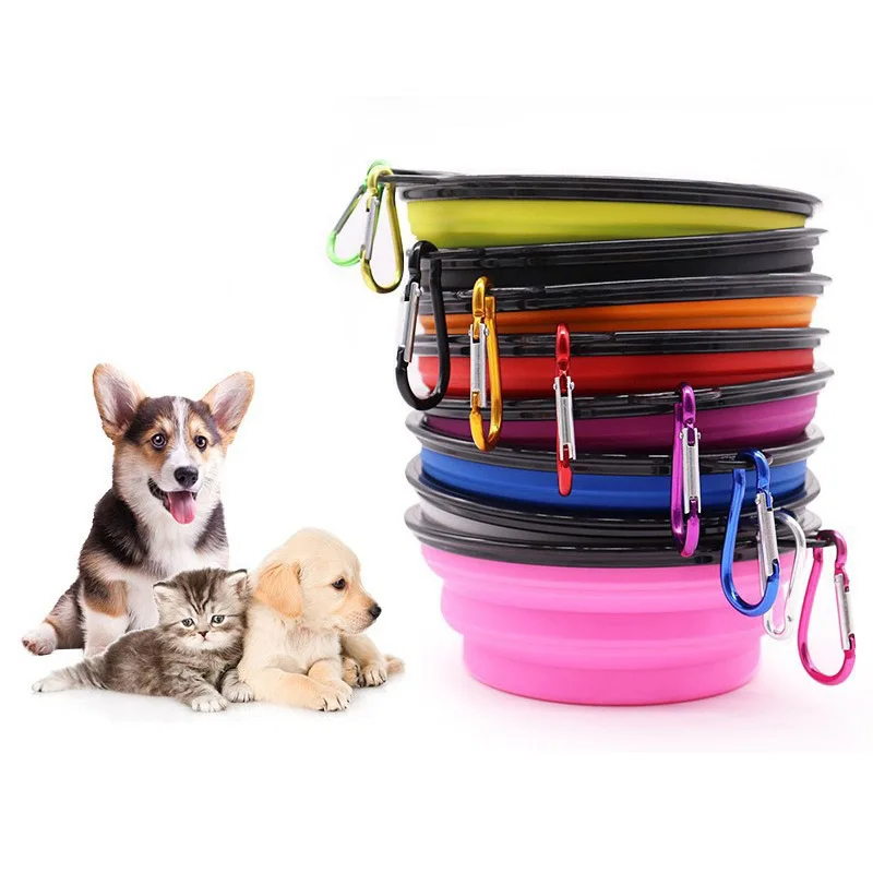 Dobrável Silicone Pet Bowl, comida para cães e água Bowl, acampamento ao ar livre, viagens, dobrável portátil, pratos com mosquetão, Pet Shop